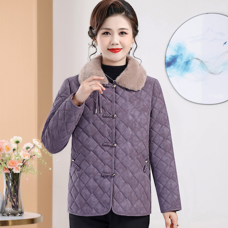 Mamos žieminis vilnos pamušalu medvilninis paltas 2024 m. Naujas šiltas paltas vidutinio ir pagyvenusio amžiaus moterims, žieminis paltas, nacionalinio stiliaus, minkštos odos medvilninis paltas