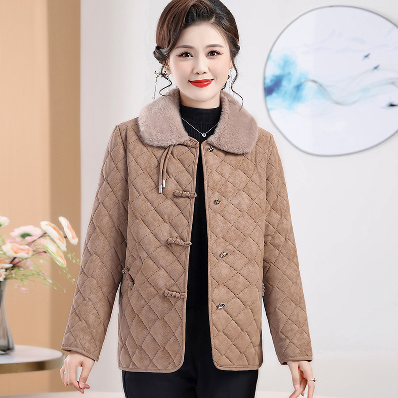 Mamos žieminis vilnos pamušalu medvilninis paltas 2024 m. Naujas šiltas paltas vidutinio ir pagyvenusio amžiaus moterims, žieminis paltas, nacionalinio stiliaus, minkštos odos medvilninis paltas