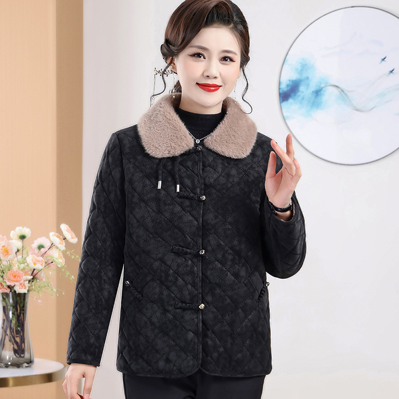 Mamos žieminis vilnos pamušalu medvilninis paltas 2024 m. Naujas šiltas paltas vidutinio ir pagyvenusio amžiaus moterims, žieminis paltas, nacionalinio stiliaus, minkštos odos medvilninis paltas