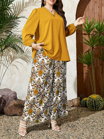 Euroopa ja Ameerika piiriülesed naiste moe pluss-suuruses ühevärvilised V-kaelusega topid, trükitud laiad püksid, vabaaja uus ülikond