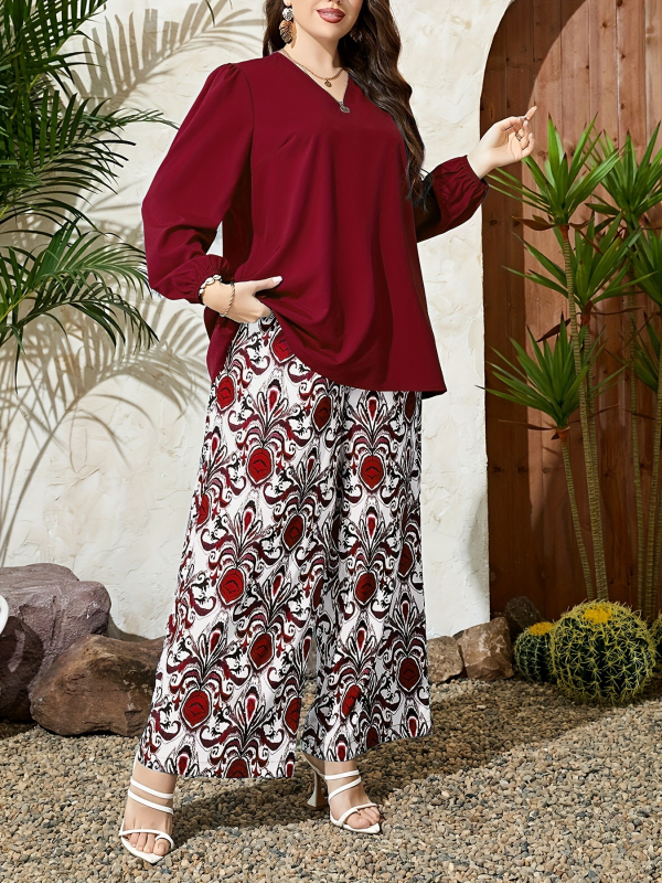 Euroopa ja Ameerika piiriülesed naiste moe pluss-suuruses ühevärvilised V-kaelusega topid, trükitud laiad püksid, vabaaja uus ülikond