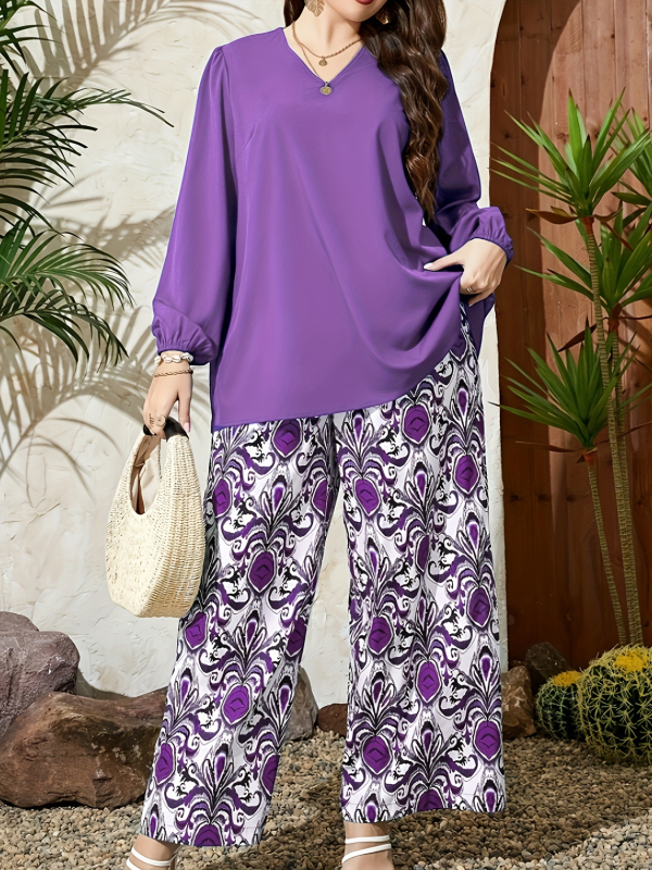 Euroopa ja Ameerika piiriülesed naiste moe pluss-suuruses ühevärvilised V-kaelusega topid, trükitud laiad püksid, vabaaja uus ülikond