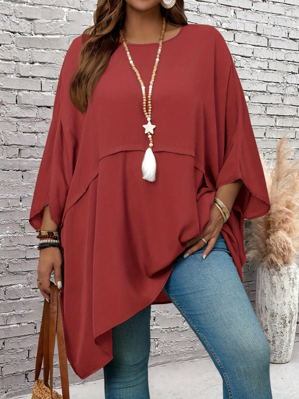 Europska i američka prekogranična plus veličina za žene, čista boja, labava verzija, okrugli izrez, dugi rukavi, ležerna majica, udobna košulja s rukavima i krilima šišmiša