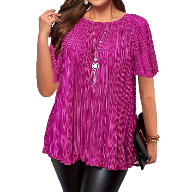 Bluză de damă Amazon Plus Size 2025, culoare solidă, plisată, cu mânecă scurtă, stil fierbinte