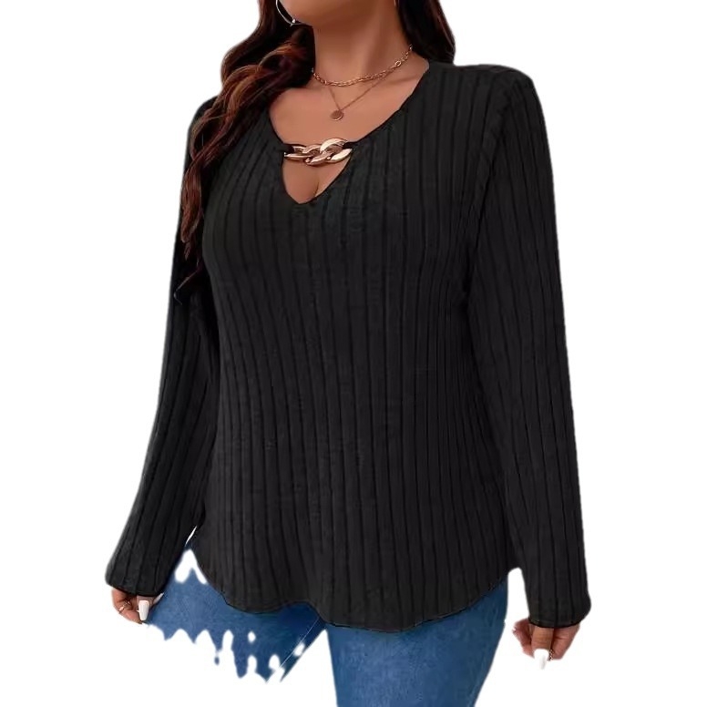 2024 Transfrontalieră Amazon TEMU Toamnă/Iarnă Nou Culoare Solidă Mărime Plus Tricou Elegant pentru Femei Cu Decolteu În V Pit Mânecă Lungă