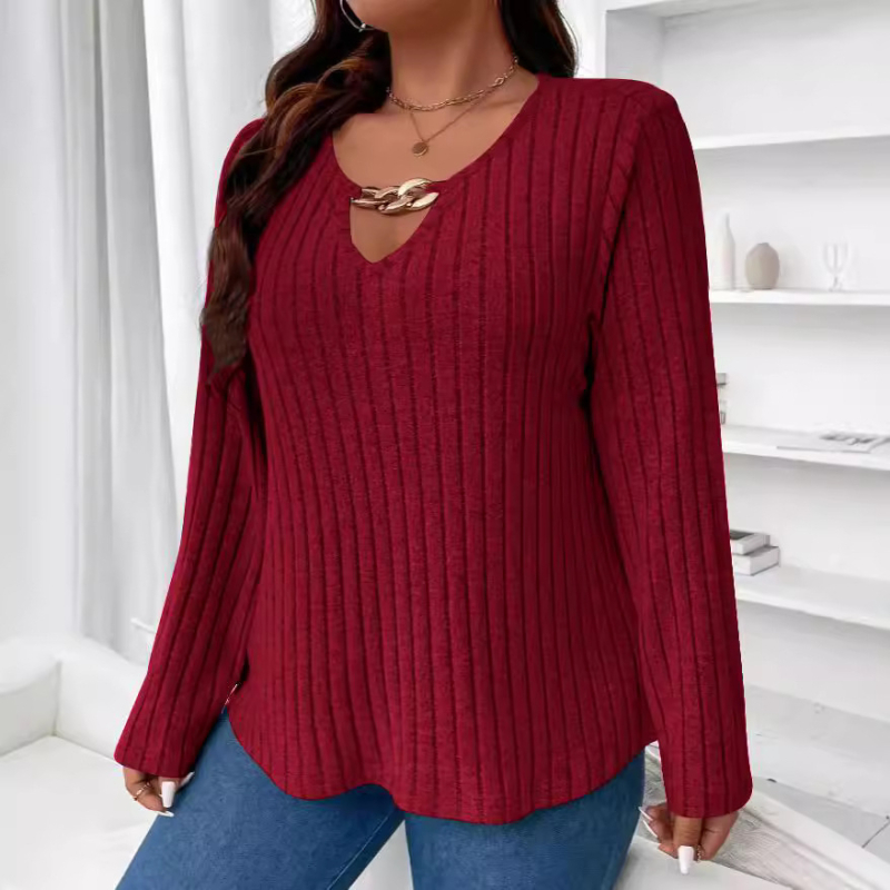 2024 Transfrontalieră Amazon TEMU Toamnă/Iarnă Nou Culoare Solidă Mărime Plus Tricou Elegant pentru Femei Cu Decolteu În V Pit Mânecă Lungă