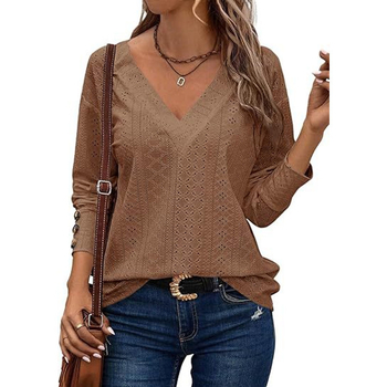 2025 Трансгранични европейски и американски дамски топове, модни и ежедневни ризи с V-образно деколте и дълъг ръкав, изрязани с дантела и бродерия