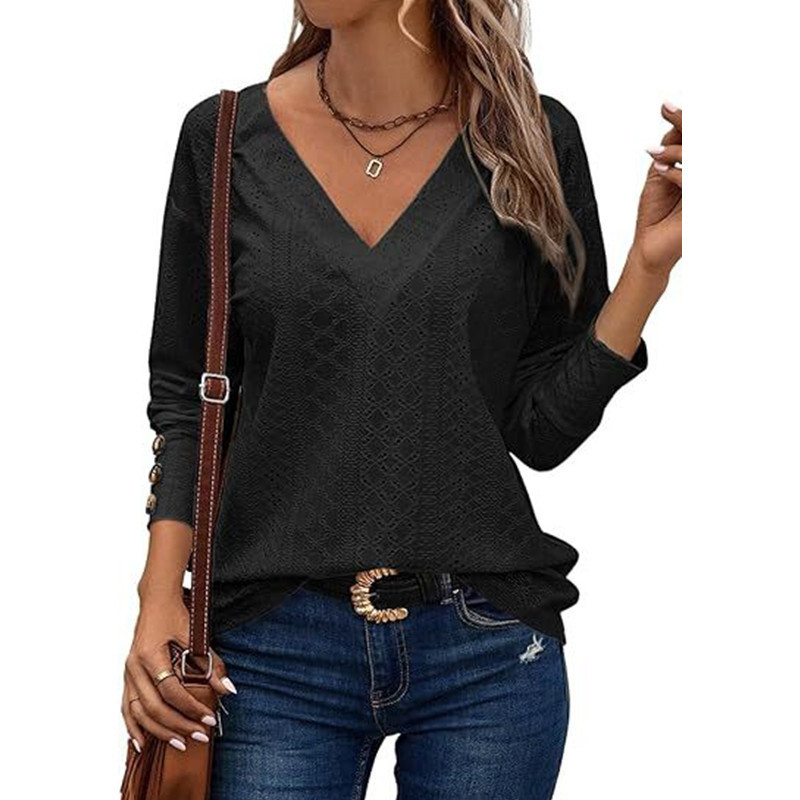 2025-ös, határokon átnyúló európai és amerikai női felsők, divatos és lezser, V-nyakú, hosszú ujjú, gombos, kivágott, csipkés, hímzett ingek