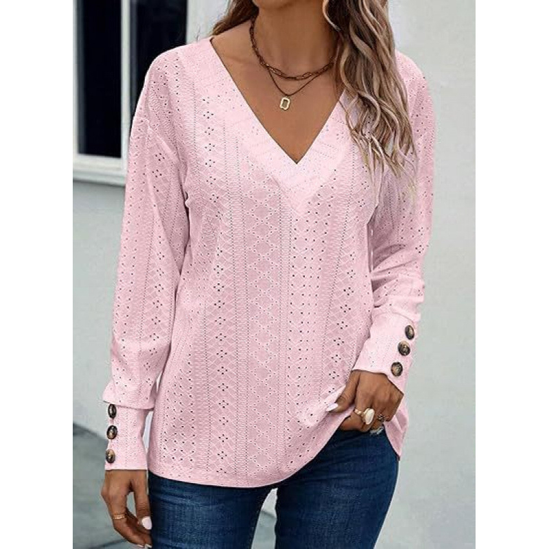 2025-ös, határokon átnyúló európai és amerikai női felsők, divatos és lezser, V-nyakú, hosszú ujjú, gombos, kivágott, csipkés, hímzett ingek