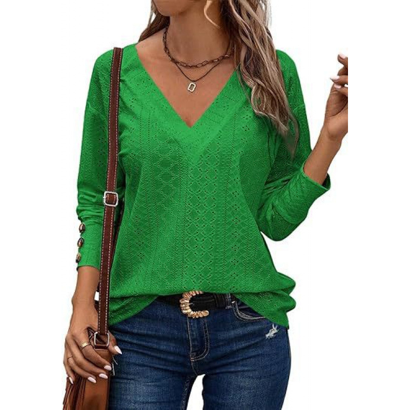 2025-ös, határokon átnyúló európai és amerikai női felsők, divatos és lezser, V-nyakú, hosszú ujjú, gombos, kivágott, csipkés, hímzett ingek