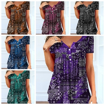 2023 Ευρωπαϊκό, Αμερικανικό, Ασιατικό άλογο καλοκαίρι, νέο χαλαρό μπλουζάκι με κουμπιά και λαιμόκοψη V, casual 3D τυπωμένο κοντομάνικο μπλουζάκι