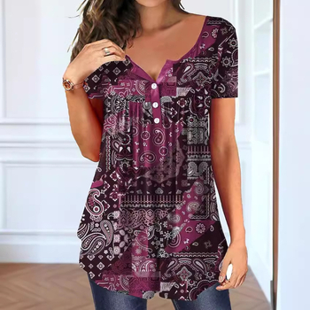 2023 Ευρωπαϊκό, Αμερικανικό, Ασιατικό άλογο καλοκαίρι, νέο χαλαρό μπλουζάκι με κουμπιά και λαιμόκοψη V, casual 3D τυπωμένο κοντομάνικο μπλουζάκι