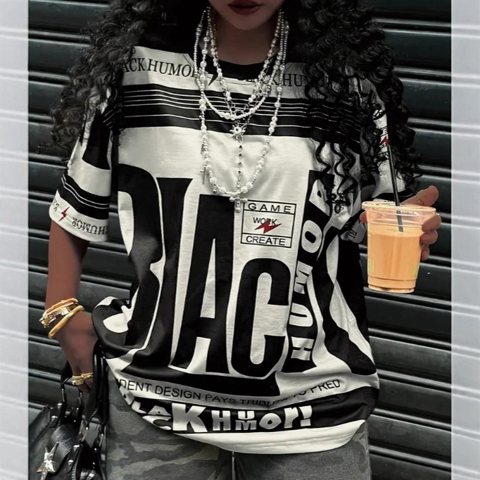 Retro värviblokeeritud lahtise ümara kaelusega digitaalselt trükitud naiste T-särk suvine vabaaja tänavamood sportlik kiiresti kuivav lühikeste varrukatega trendikas bränd