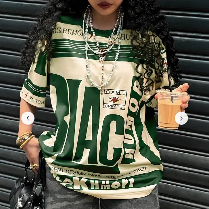 Retro värviblokeeritud lahtise ümara kaelusega digitaalselt trükitud naiste T-särk suvine vabaaja tänavamood sportlik kiiresti kuivav lühikeste varrukatega trendikas bränd