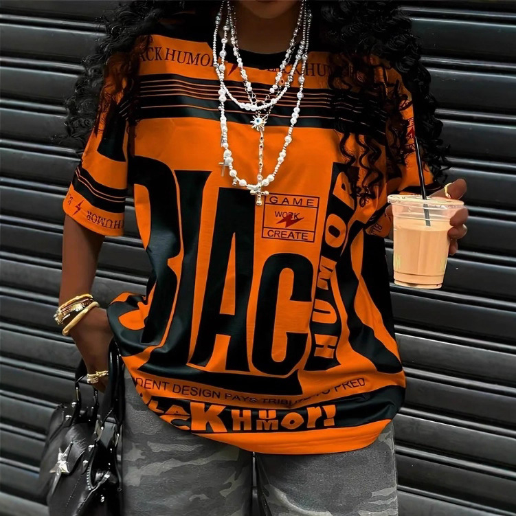 Retro värviblokeeritud lahtise ümara kaelusega digitaalselt trükitud naiste T-särk suvine vabaaja tänavamood sportlik kiiresti kuivav lühikeste varrukatega trendikas bränd