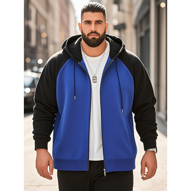 2025. aasta Euroopa ja Ameerika päritolu meeste pluss-suuruses kontrastne kapuutsiga dressipluus kängurutaskuga, topeltkontrastne