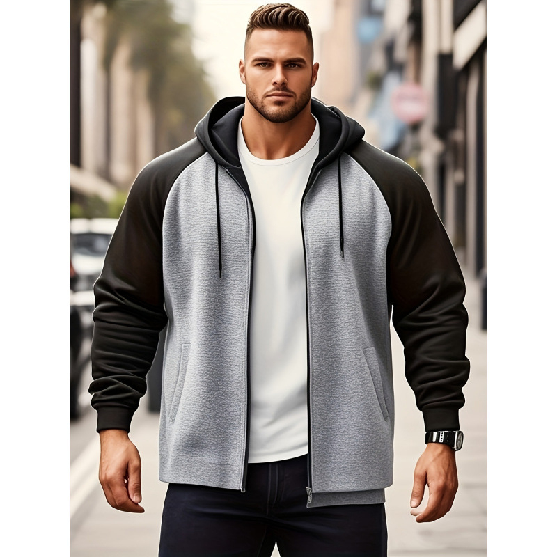 2025. aasta Euroopa ja Ameerika päritolu meeste pluss-suuruses kontrastne kapuutsiga dressipluus kängurutaskuga, topeltkontrastne