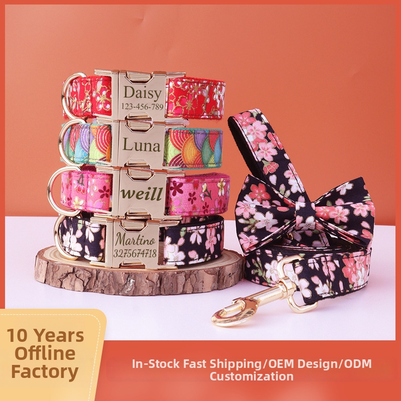 Jaapani stiilis kullatud koerakaelarihm lipsusõlmega, kohandatav graveeritud metallpandlaga lemmikloomaaksessuaar