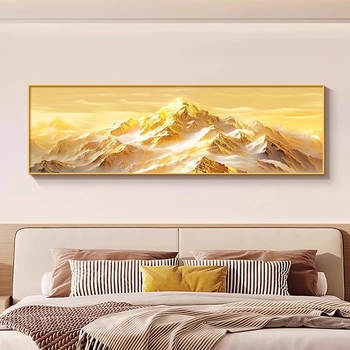 Слънчева светлина над Златната планина: Луксозно стенно изкуство за фон на диван в хола и стенен декор в главната спалня