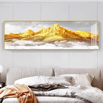 Слънчева светлина над Златната планина: Луксозно стенно изкуство за фон на диван в хола и стенен декор в главната спалня