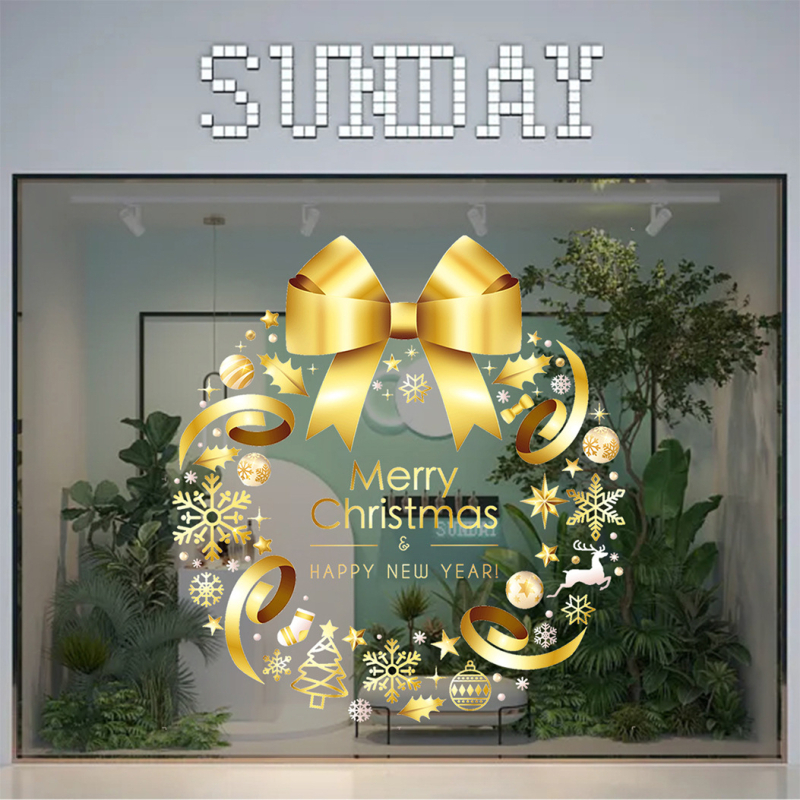 Jõulukaunistused 2025. aasta jõuluklaasikleebised, kuldsed jõulupuukleebised, ukse- ja aknapärja staatilised kleebised