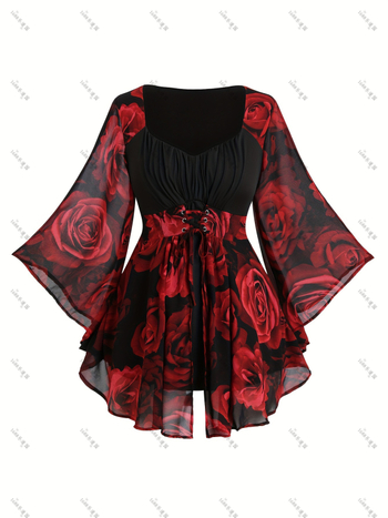 Ευρωπαϊκή και αμερικανική μοντέρνα γυναικεία μπλούζα με ακανόνιστο μανίκι νυχτερίδας, με στάμπα τριαντάφυλλου, σε μεσαίο μήκος, για να δείχνει αδύνατη η γυναίκα