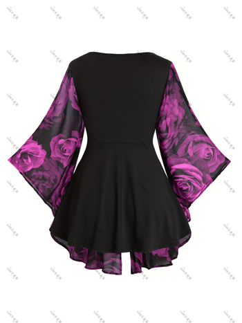 Ευρωπαϊκή και αμερικανική μοντέρνα γυναικεία μπλούζα με ακανόνιστο μανίκι νυχτερίδας, με στάμπα τριαντάφυλλου, σε μεσαίο μήκος, για να δείχνει αδύνατη η γυναίκα