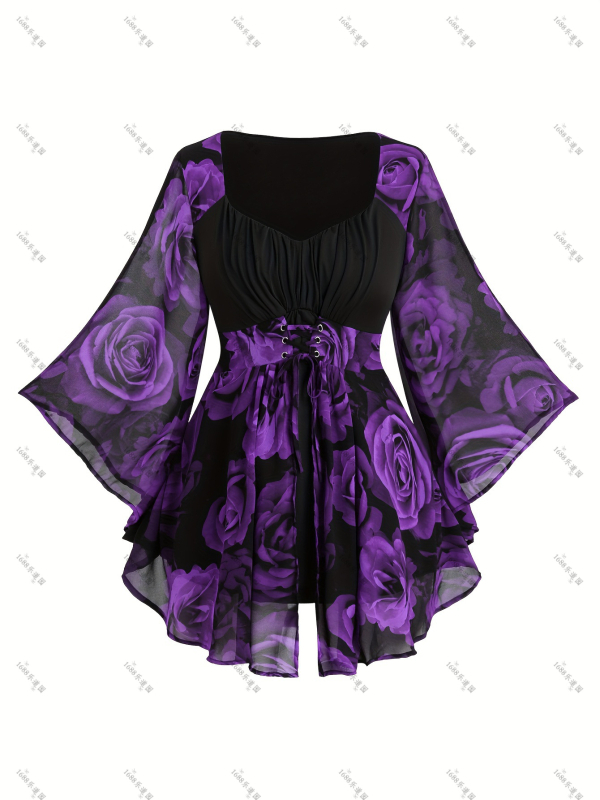 Ευρωπαϊκή και αμερικανική μοντέρνα γυναικεία μπλούζα με ακανόνιστο μανίκι νυχτερίδας, με στάμπα τριαντάφυλλου, σε μεσαίο μήκος, για να δείχνει αδύνατη η γυναίκα