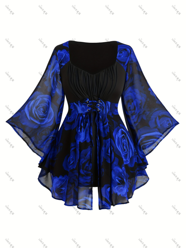 Ευρωπαϊκή και αμερικανική μοντέρνα γυναικεία μπλούζα με ακανόνιστο μανίκι νυχτερίδας, με στάμπα τριαντάφυλλου, σε μεσαίο μήκος, για να δείχνει αδύνατη η γυναίκα