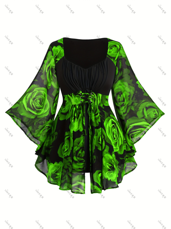 Ευρωπαϊκή και αμερικανική μοντέρνα γυναικεία μπλούζα με ακανόνιστο μανίκι νυχτερίδας, με στάμπα τριαντάφυλλου, σε μεσαίο μήκος, για να δείχνει αδύνατη η γυναίκα