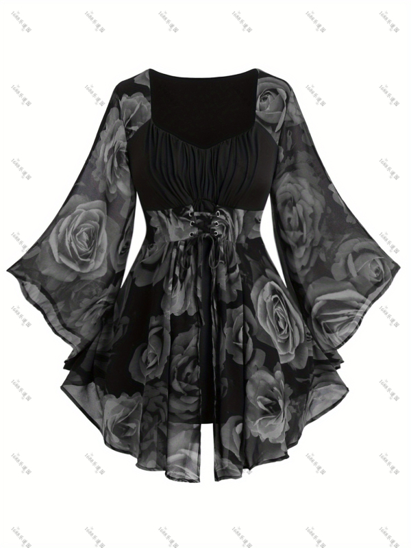 Ευρωπαϊκή και αμερικανική μοντέρνα γυναικεία μπλούζα με ακανόνιστο μανίκι νυχτερίδας, με στάμπα τριαντάφυλλου, σε μεσαίο μήκος, για να δείχνει αδύνατη η γυναίκα