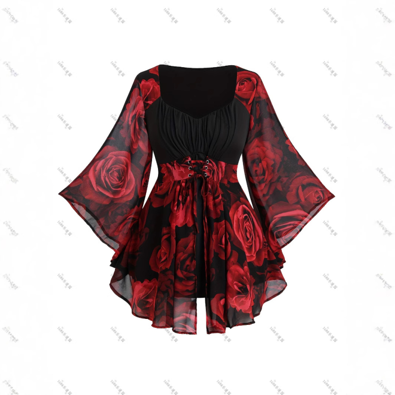 Ευρωπαϊκή και αμερικανική μοντέρνα γυναικεία μπλούζα με ακανόνιστο μανίκι νυχτερίδας, με στάμπα τριαντάφυλλου, σε μεσαίο μήκος, για να δείχνει αδύνατη η γυναίκα