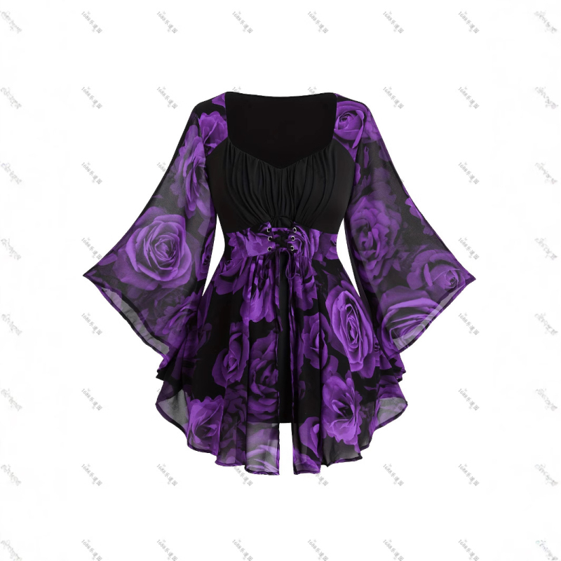 Ευρωπαϊκή και αμερικανική μοντέρνα γυναικεία μπλούζα με ακανόνιστο μανίκι νυχτερίδας, με στάμπα τριαντάφυλλου, σε μεσαίο μήκος, για να δείχνει αδύνατη η γυναίκα