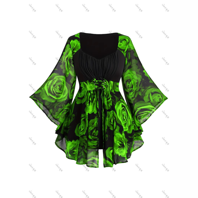 Ευρωπαϊκή και αμερικανική μοντέρνα γυναικεία μπλούζα με ακανόνιστο μανίκι νυχτερίδας, με στάμπα τριαντάφυλλου, σε μεσαίο μήκος, για να δείχνει αδύνατη η γυναίκα