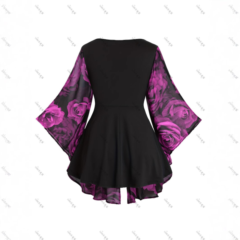 Ευρωπαϊκή και αμερικανική μοντέρνα γυναικεία μπλούζα με ακανόνιστο μανίκι νυχτερίδας, με στάμπα τριαντάφυλλου, σε μεσαίο μήκος, για να δείχνει αδύνατη η γυναίκα