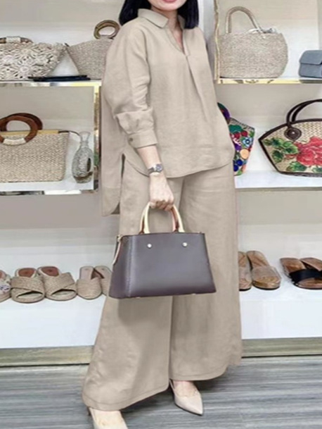 2025. aasta Amazoni ülikond, lahtised ringid, pikkade varrukatega särk, laiad püksid, ühevärviline, elegantne vabaaja vintage ülikond