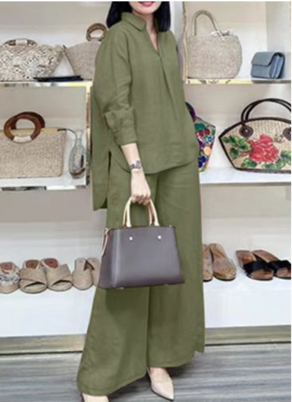 2025. aasta Amazoni ülikond, lahtised ringid, pikkade varrukatega särk, laiad püksid, ühevärviline, elegantne vabaaja vintage ülikond