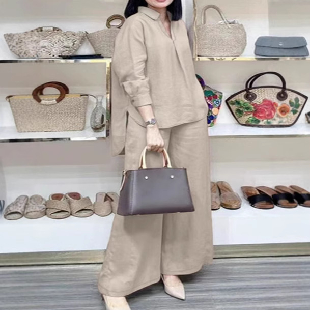 2025. aasta Amazoni ülikond, lahtised ringid, pikkade varrukatega särk, laiad püksid, ühevärviline, elegantne vabaaja vintage ülikond