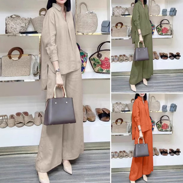 2025. aasta Amazoni ülikond, lahtised ringid, pikkade varrukatega särk, laiad püksid, ühevärviline, elegantne vabaaja vintage ülikond