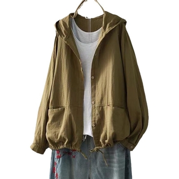 Ιαπωνικό και Κορεατικό Μονόχρωμο Ρούχο, Φαρδιά, Μεγάλα Μεγέθη, Διπλής Επίστρωσης Βαμβακερή Γάζα, Κουκούλα, Μακρυμάνικο, Λεπτό Παλτό, Γυναικεία Ρούχα από Εργοστάσιο Εξαγωγής