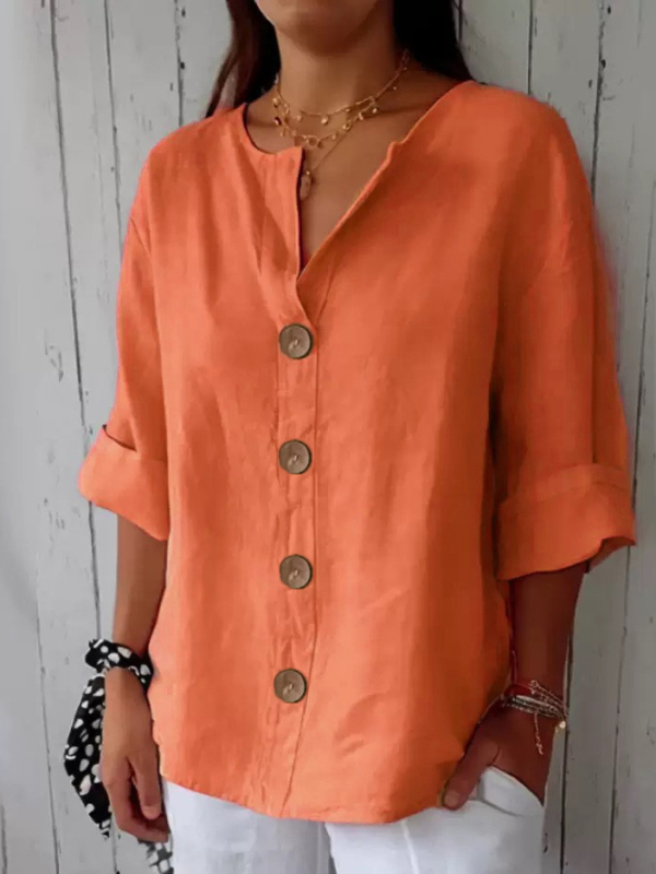 Amazon 2025 Transfrontaliere Europene și Americane de vară Nou Comerț Exterior Loose Shirt Femei V-Neck Bumbac și In Buton T-Shirt Top Femei