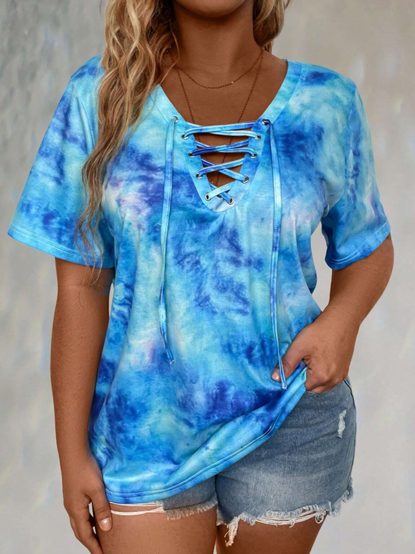 Tricou cu mânecă scurtă, imprimeu tie-dye, pentru femei, mărime plus, cu etichetă Amazon, tricotat din poliester, elegant cu cravată, pentru femei transfrontaliere europene și americane