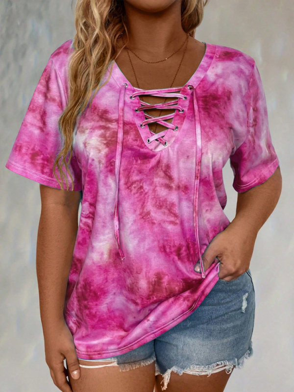 Tricou cu mânecă scurtă, imprimeu tie-dye, pentru femei, mărime plus, cu etichetă Amazon, tricotat din poliester, elegant cu cravată, pentru femei transfrontaliere europene și americane