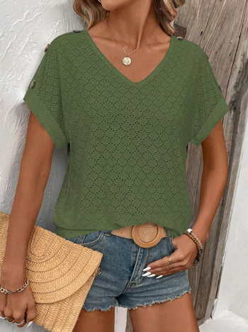 Europska i američka prekogranična 2025 Amazon Independent Station Nova ženska majica kratkih rukava s V-izrezom i šupljim žakard pletenim vrhom