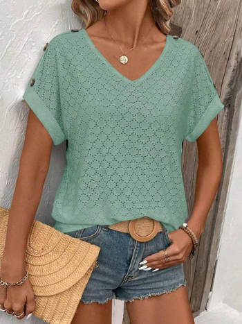 Europska i američka prekogranična 2025 Amazon Independent Station Nova ženska majica kratkih rukava s V-izrezom i šupljim žakard pletenim vrhom