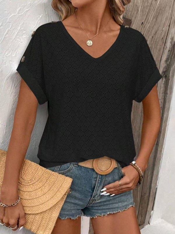 Europska i američka prekogranična 2025 Amazon Independent Station Nova ženska majica kratkih rukava s V-izrezom i šupljim žakard pletenim vrhom