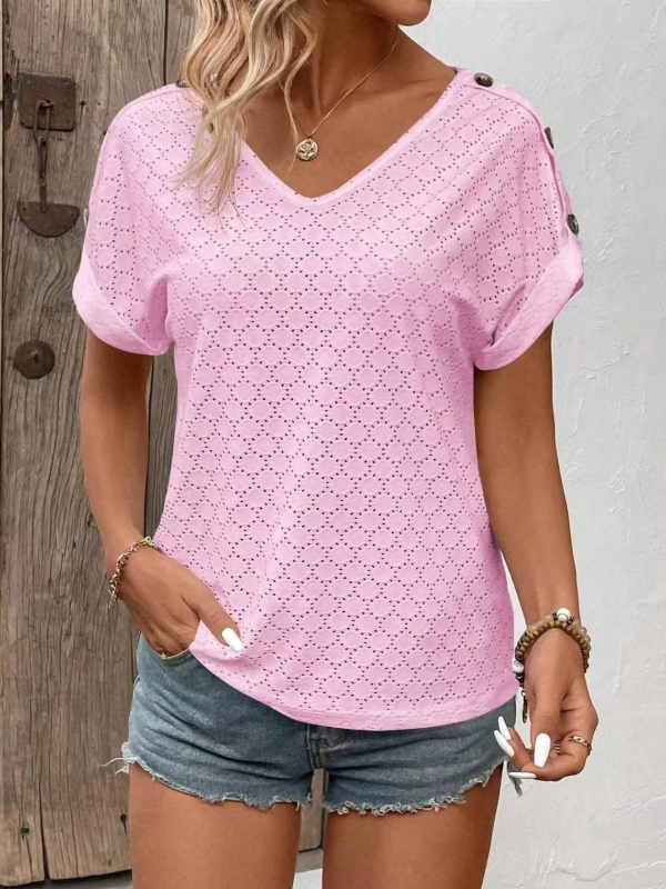 Europska i američka prekogranična 2025 Amazon Independent Station Nova ženska majica kratkih rukava s V-izrezom i šupljim žakard pletenim vrhom