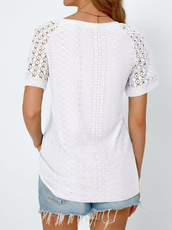 Europska i američka prekogranična 2025 Amazon Independent Station Nova ženska majica kratkih rukava s V-izrezom i šupljim žakard pletenim vrhom