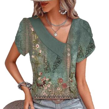 Νέο γυναικείο καλοκαιρινό casual μπλουζάκι με κοντό μανίκι και λοξό γιακά, ψηφιακής εκτύπωσης, για γυναίκες, με ψηφιακή εκτύπωση, για το εξωτερικό εμπόριο