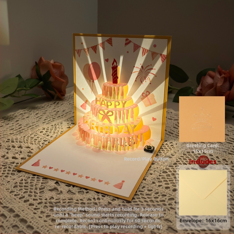 Salvestusvalgusega sünnipäevakaart, 3D-stereohäälega õnnitluskaart, tordi sünnipäevakingitus poiss-sõbrale ja tüdruksõbrale, õnnistuskaart